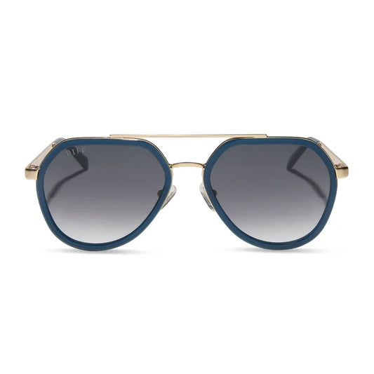 DIFF Eyewear Joey Clubhouse Blue Brushed Gold Metal Grey Gradient Sunglasses