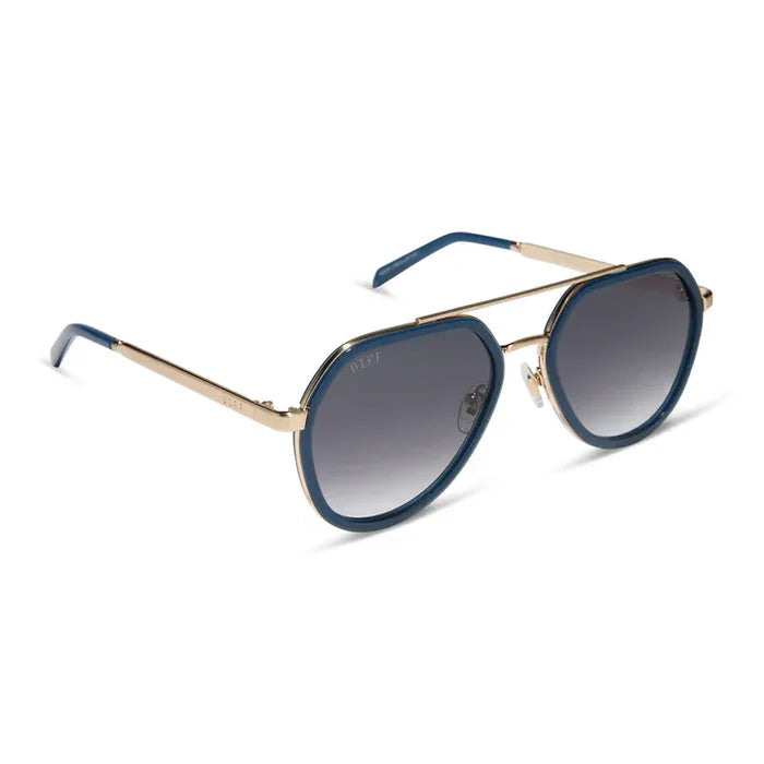 DIFF Eyewear Joey Clubhouse Blue Brushed Gold Metal Grey Gradient Sunglasses