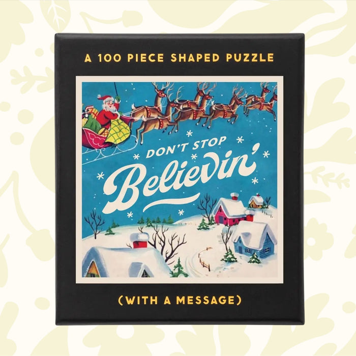 Forager Provisions LTD Don't Stop Believin' 100 piece mini shaped cardboard jigsaw puzzle in a black gift box