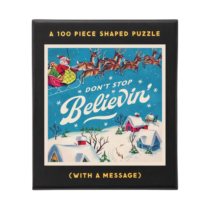 Forager Provisions LTD Don't Stop Believin' 100 piece mini shaped cardboard jigsaw puzzle in a black gift box