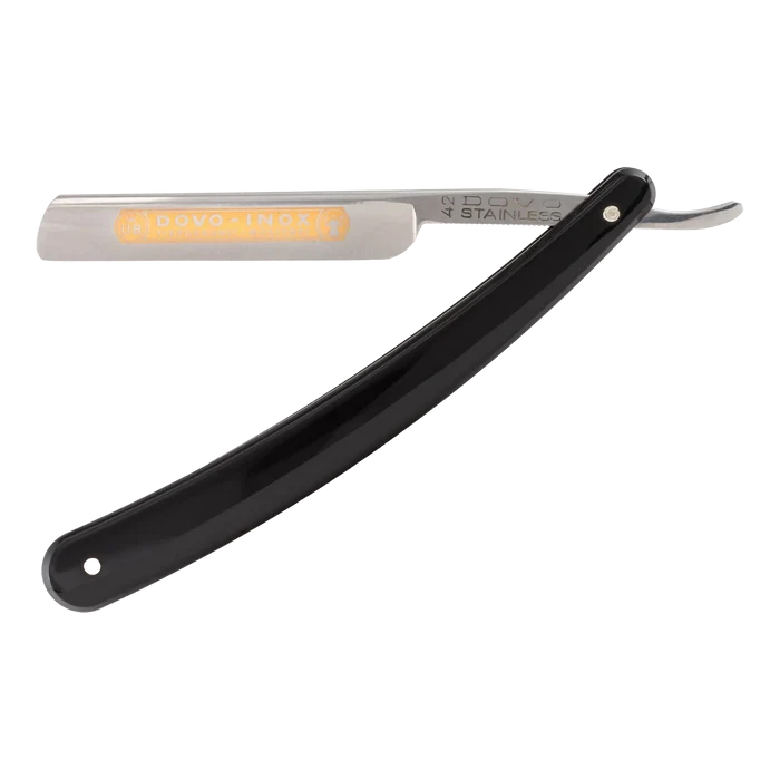 DOVO barberkniv helhetlig profil med svart skaft og gult DOVO-INOX merke