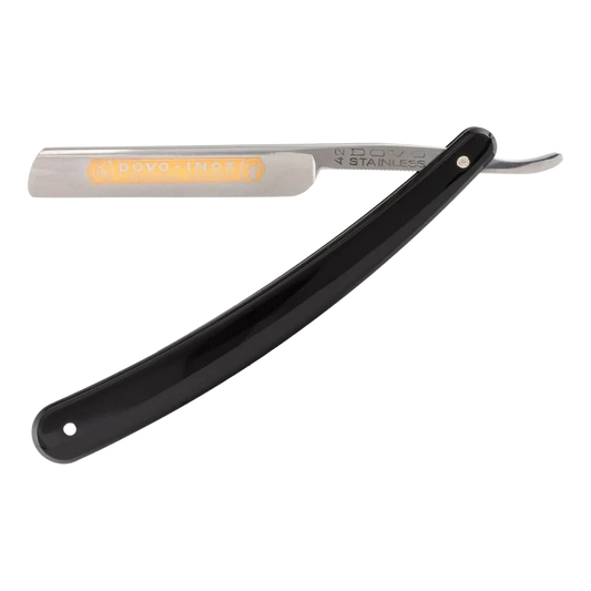 DOVO barberkniv helhetlig profil med svart skaft og gult DOVO-INOX merke