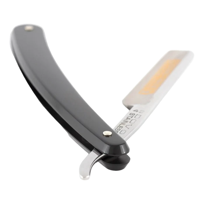 DOVO barberkniv sideprofil med bøyd svart skaft og sølvfargede skruer