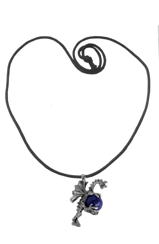 silver dragon necklace holding blue gemstone pendant front view