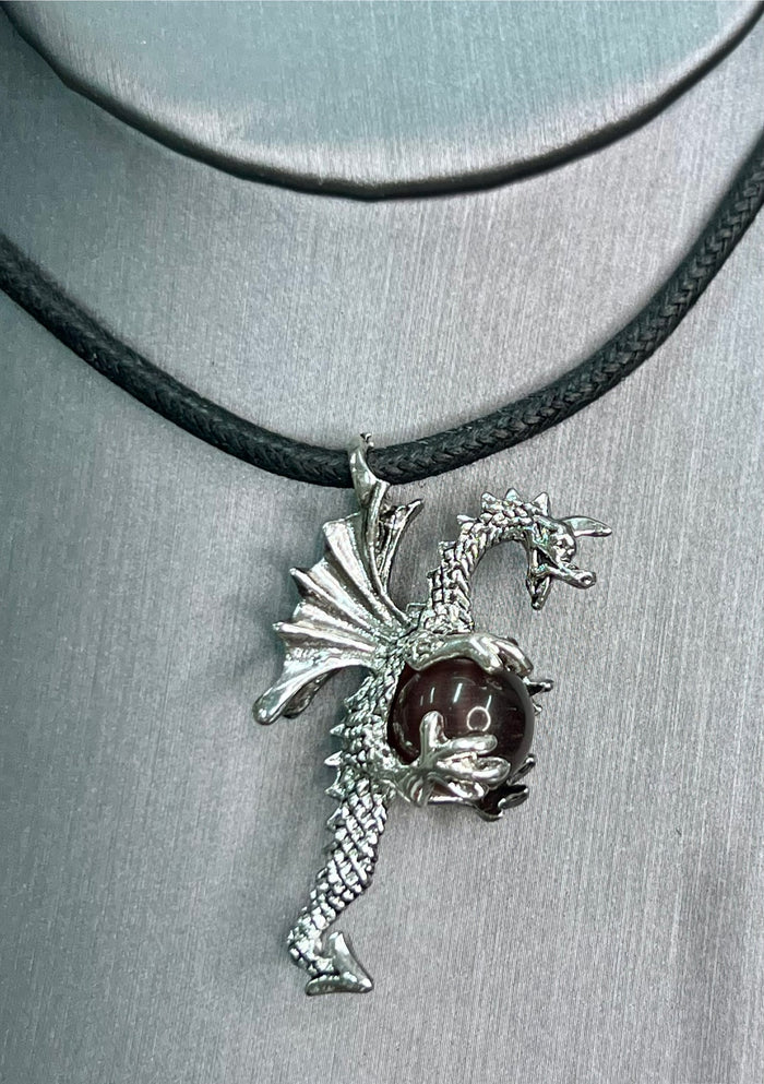 Dragon Holding Magic Ball Silver Necklace – Fantasy Jewelry styled for gothic and festival looks