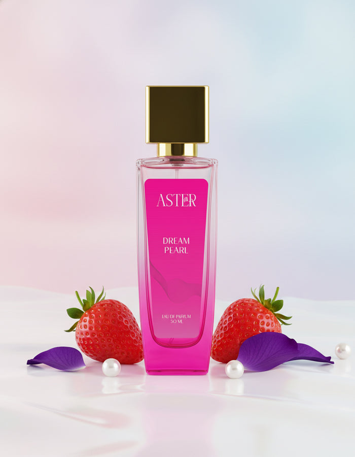 Pink Aster perfume bottle with strawberries and petals on a light background