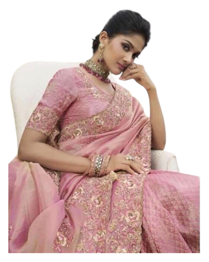 Dusty Pink- Handloom  - Designer Embroidered Saree with Blouse Piece - SULBRI4008 PY 0425