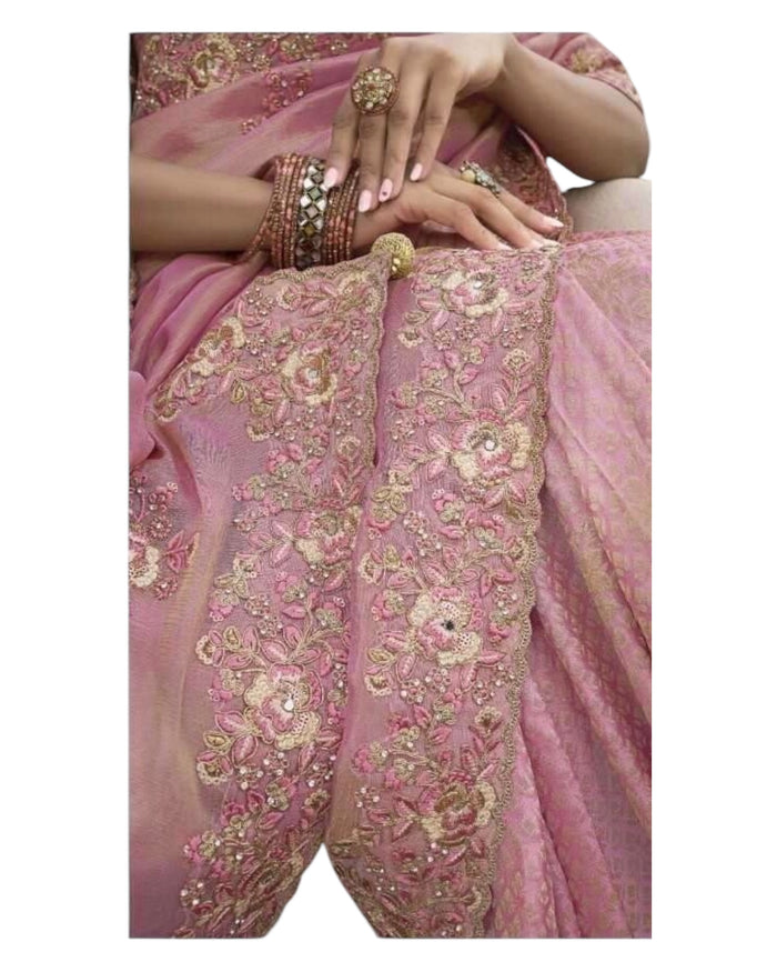 Dusty Pink- Handloom  - Designer Embroidered Saree with Blouse Piece - SULBRI4008 PY 0425