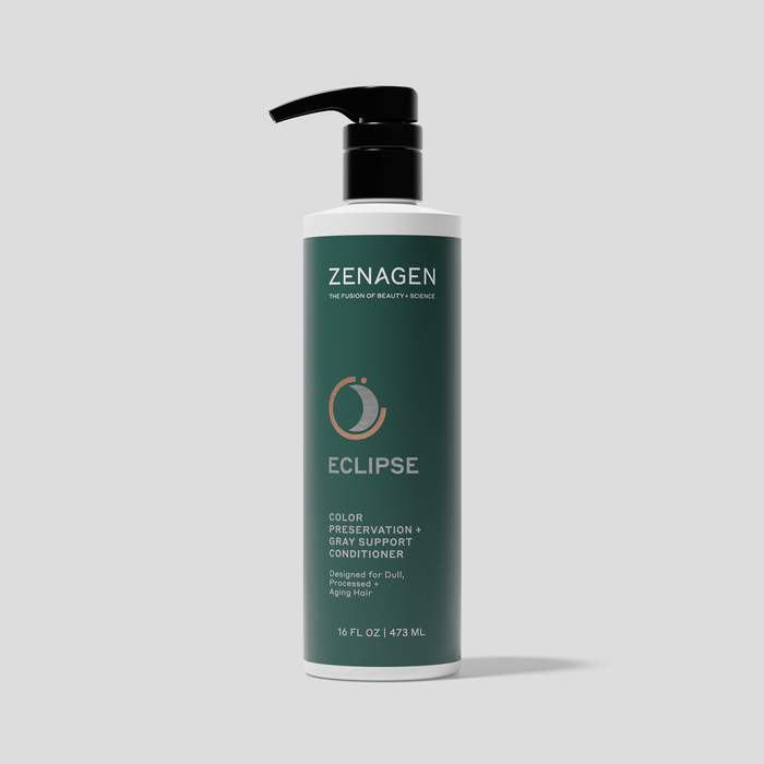 Zenagen Eclipse Color Preservation and Gray Support Conditioner 16 fl. oz. pump bottle designed for dull, processed, and aging hair to help maintain color vibrancy and improve softness and shine.