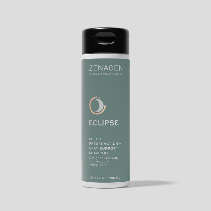 Zenagen Eclipse Color Preservation and Gray Support Shampoo 6.75 fl. oz. bottle formulated for dull, processed, and aging hair to help protect color and enhance shine.