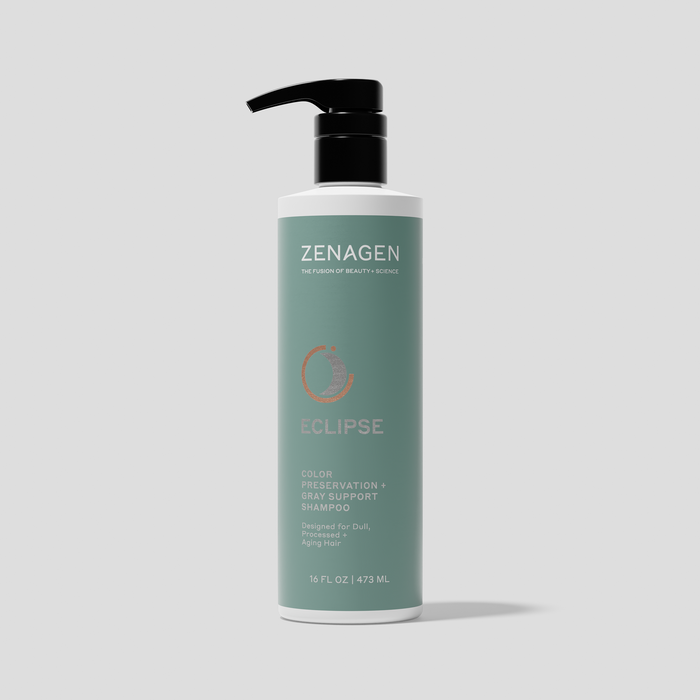 Zenagen Eclipse Color Preservation and Gray Support Shampoo 16 fl. oz. pump bottle designed for dull, processed, and aging hair to help maintain color vibrancy and support healthier-looking hair.