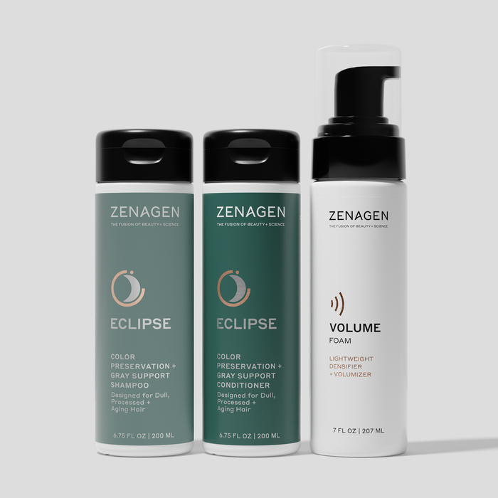 Zenagen Eclipse Shampoo, Conditioner, and Volume Foam for color-treated and aging hair, color preservation and gray support system