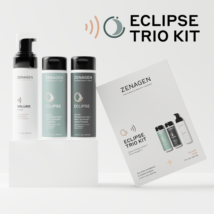 Zenagen Eclipse Trio Kit featuring color preservation shampoo, conditioner, and volume foam for dull or aging hair appearance.