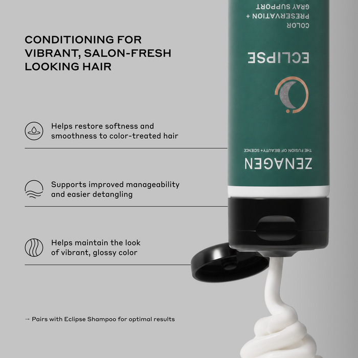 Zenagen Eclipse Color Preservation and Gray Support Conditioner product benefits infographic featuring a flip-cap bottle dispensing cream, detailing formula benefits for softness, improved manageability, and vibrant, glossy hair color.