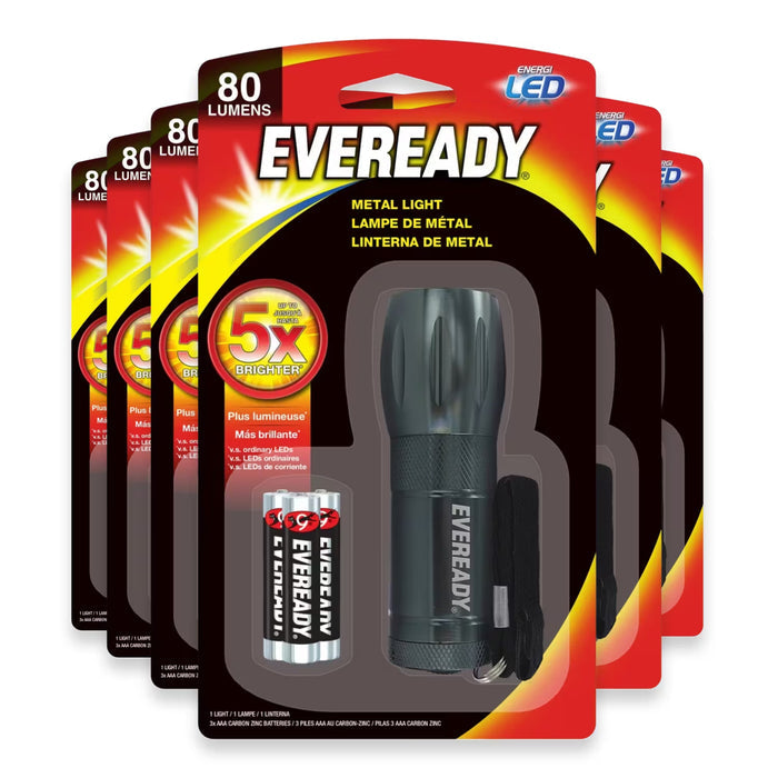 Eveready Compact Metal LED Flashlight with 3 Batteries, Up to 80 meters - 6 Pack