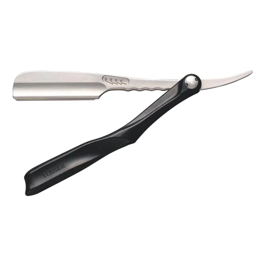 Feather Artist Club SS shavette med svart ergonomisk håndtak og bøyd metallblad