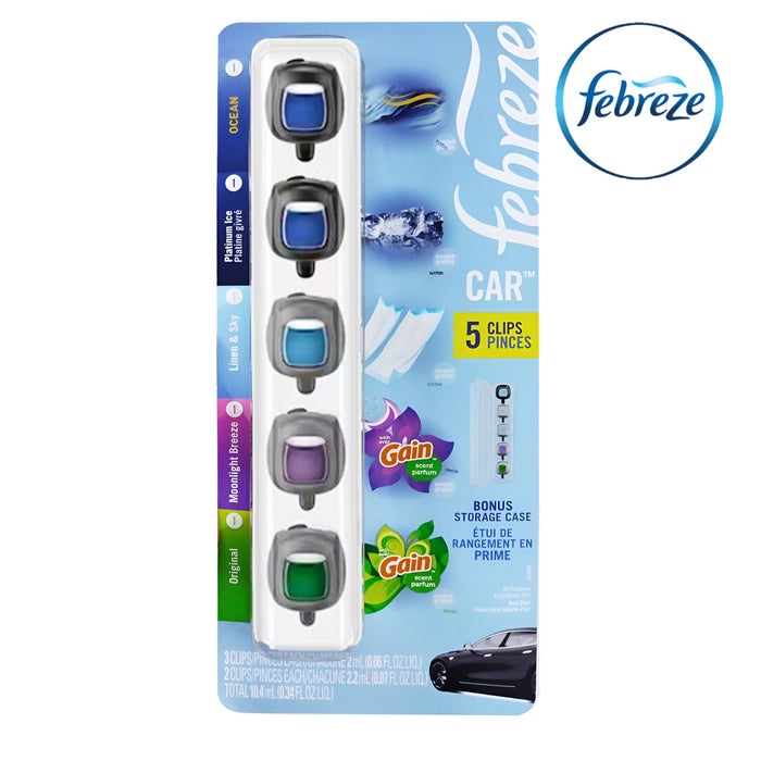 Febreze Car Air Freshener 5 Count Platinum, Original, Moonlight Breeze, Linen & Sky and Platinum Ice