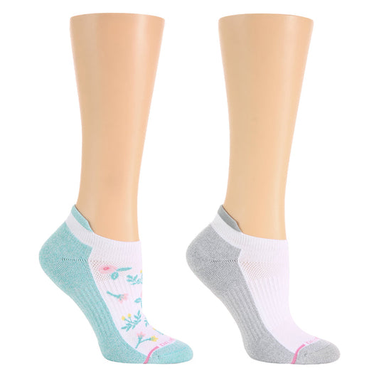 Ankle compression socks featuring a floral design on one pair and a solid gray and white design on the other.