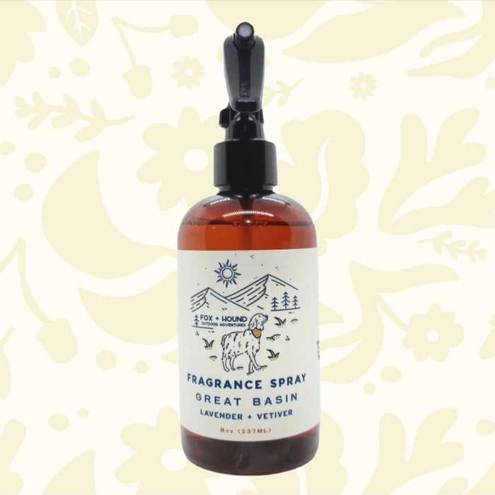 Forager Provisions LTD Fox + Hound Great Basin dog cologne in an 8oz amber spray bottle with a nature-inspired label.