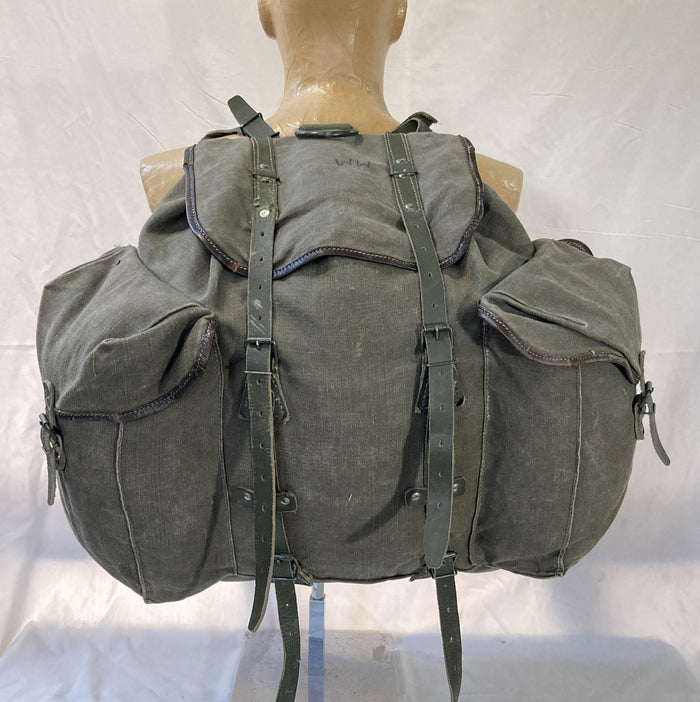 French Military Canvas & Leather Rucksack with Metal Frame – 15"x15"x6", Detachable Top Flap