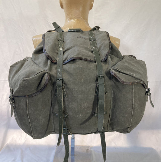 French Military Canvas & Leather Rucksack with Metal Frame – 15"x15"x6", Detachable Top Flap