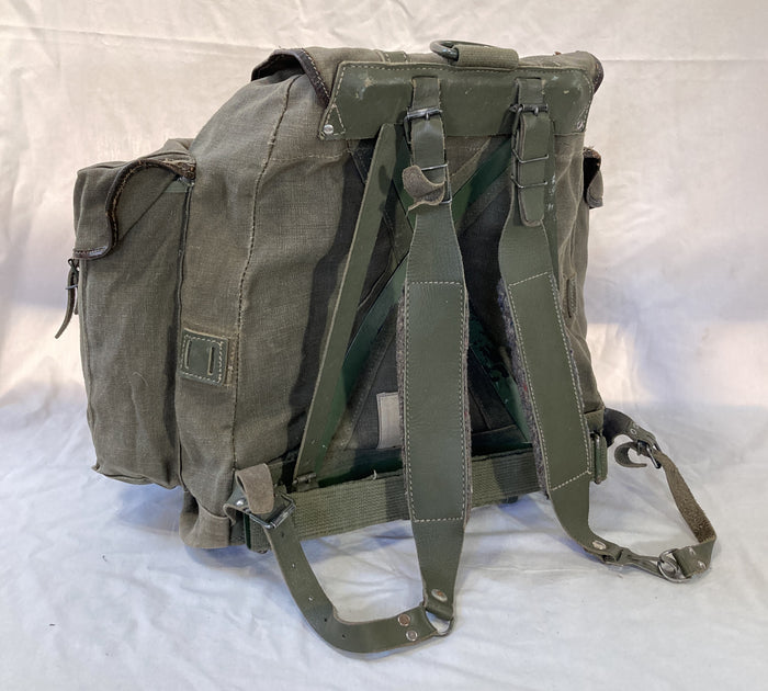 French Military Canvas & Leather Rucksack with Metal Frame – 15"x15"x6", Detachable Top Flap