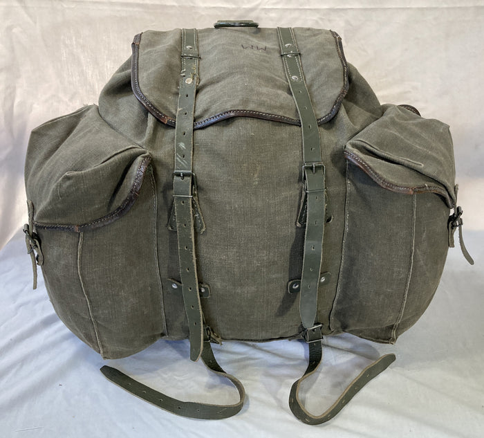 French Military Canvas & Leather Rucksack with Metal Frame – 15"x15"x6", Detachable Top Flap