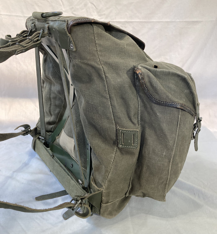 French Military Canvas & Leather Rucksack with Metal Frame – 15"x15"x6", Detachable Top Flap