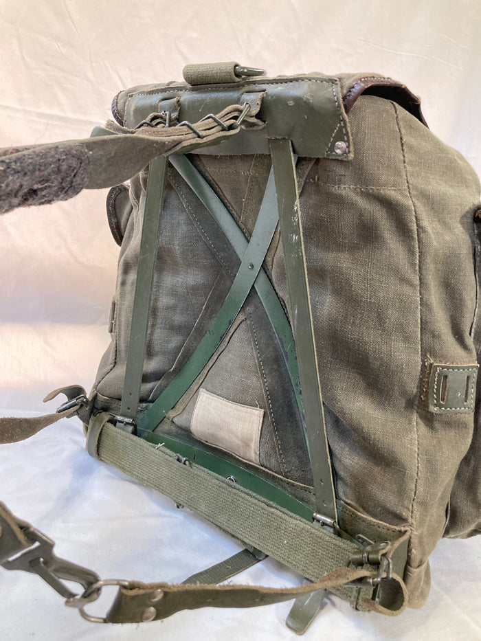 French Military Canvas & Leather Rucksack with Metal Frame – 15"x15"x6", Detachable Top Flap