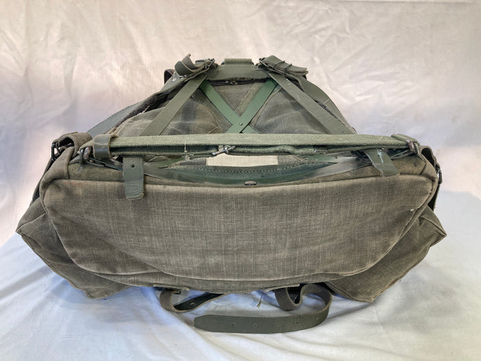 French Military Canvas & Leather Rucksack with Metal Frame – 15"x15"x6", Detachable Top Flap