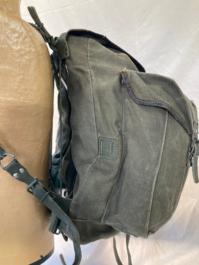 French Military Canvas & Leather Rucksack with Metal Frame – 15"x15"x6", Detachable Top Flap