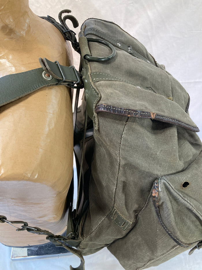 French Military Canvas & Leather Rucksack with Metal Frame – 15"x15"x6", Detachable Top Flap
