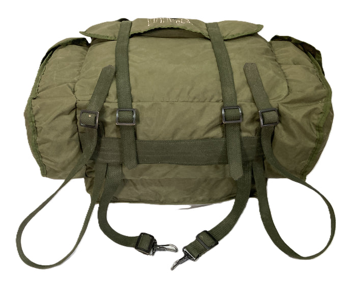 French Military Green Nylon Rucksack – DIY Repair Project, 12"x12"x6" Main, 4 Pockets, With or Without Straps