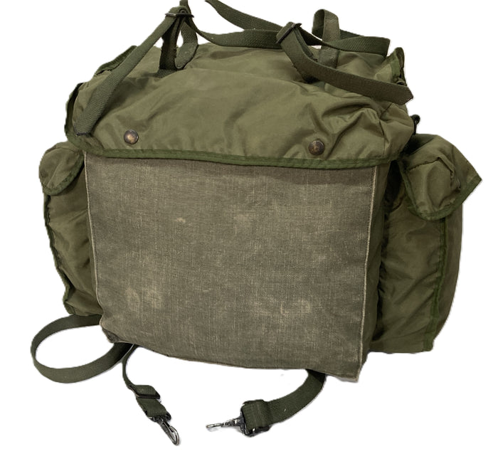 French Military Green Nylon Rucksack – DIY Repair Project, 12"x12"x6" Main, 4 Pockets, With or Without Straps
