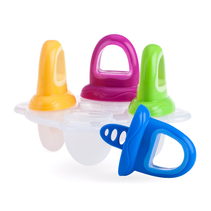 The Fruitsicles Ice Pop Tray holds four colorful plastic molds with yellow, purple, green, and blue handles. The blue mold is removed and placed in front of the clear holder, perfect for making homemade frozen fruit pops.