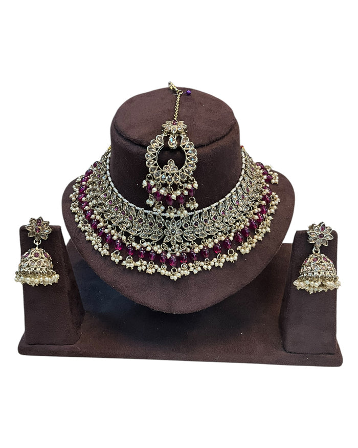 Fuchsia / Magenta  - Large Size Antique Gold Finish Necklace Set with Earrings & Tika Head piece - GGA07  KT 0525