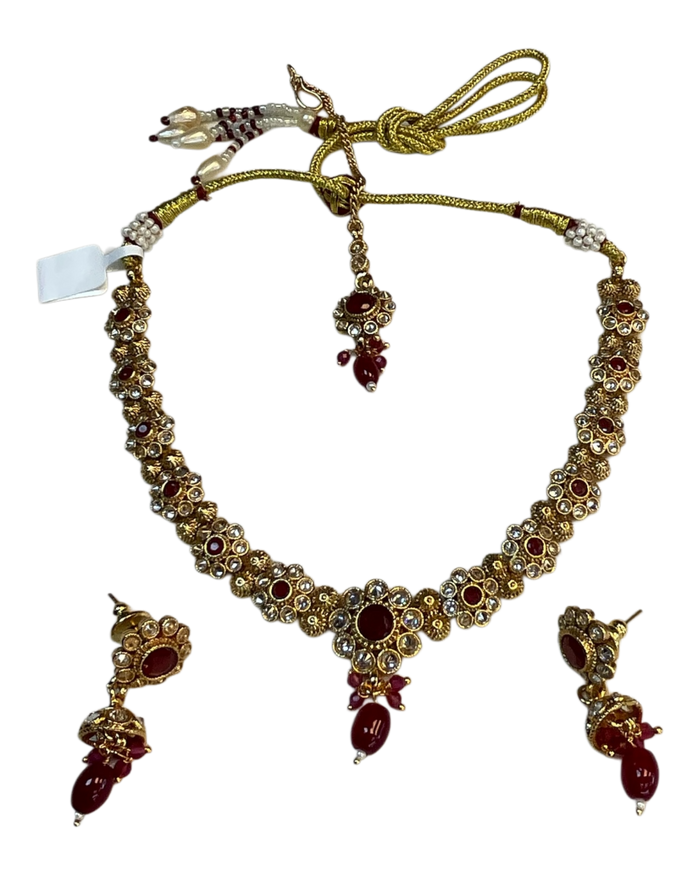 Fuchsia / Magenta / Ruby - Medium Size Gold Finish Necklace Set with Earrings & Head Piece - SLV90 04Cp26