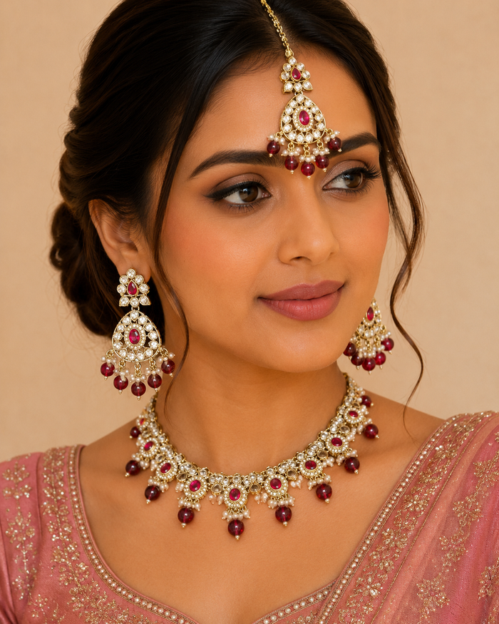 Fuchsia Pink - Large Size Antique Gold Finish Necklace Set with Earrings & Tika (Head Piece) - UK Stock - JIG86 08C25