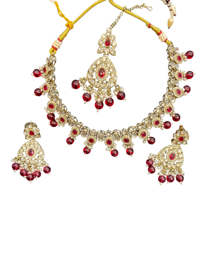 Fuchsia Pink - Large Size Antique Gold Finish Necklace Set with Earrings & Tika (Head Piece) - UK Stock - JIG86 08C25