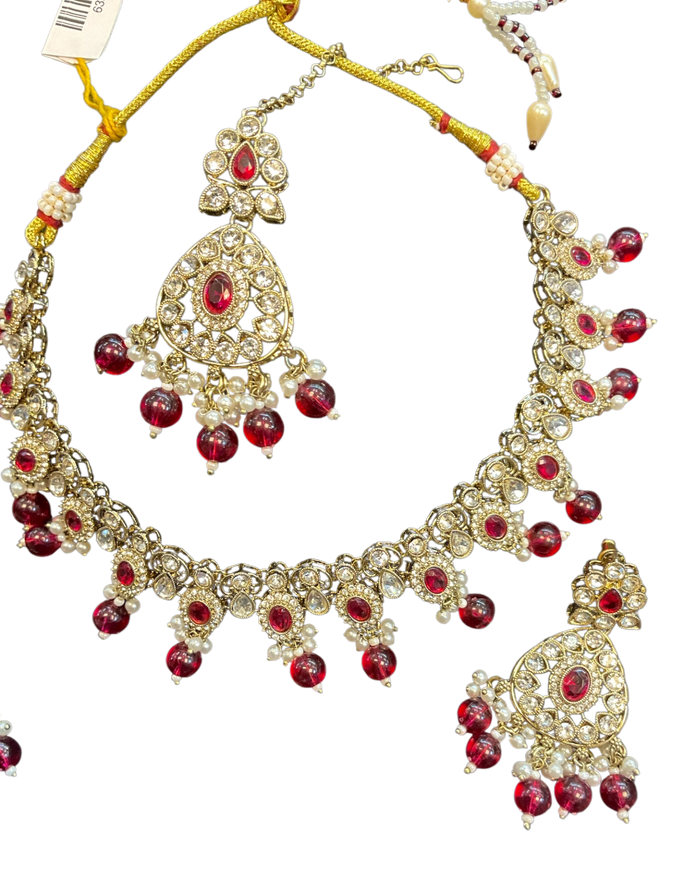 Fuchsia Pink - Large Size Antique Gold Finish Necklace Set with Earrings & Tika (Head Piece) - UK Stock - JIG86 08C25