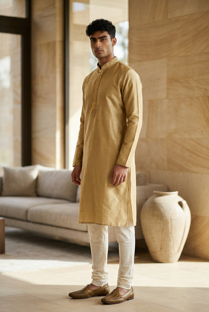 Gold - Silky -  Mens Indian Kurta set - Weddings / Walimas , Sangeet, Eid, Mehndi / Henna - NAD2511 01KJ25
