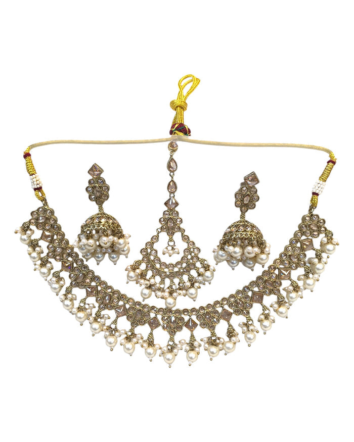 Gold / Neutral - Antique Gold Finish Necklace & Earrings Set - Bollywood - Weddings - KAJ1035 11KK24