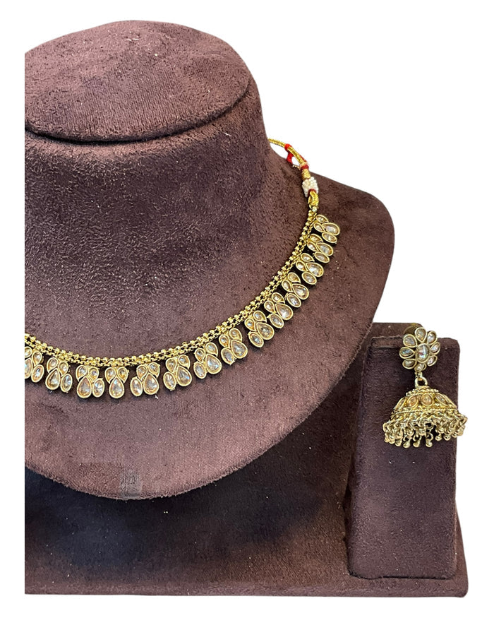 Gold / Neutral - Medium Size Antique Gold Finish Necklace Set - AE2508 H 0525