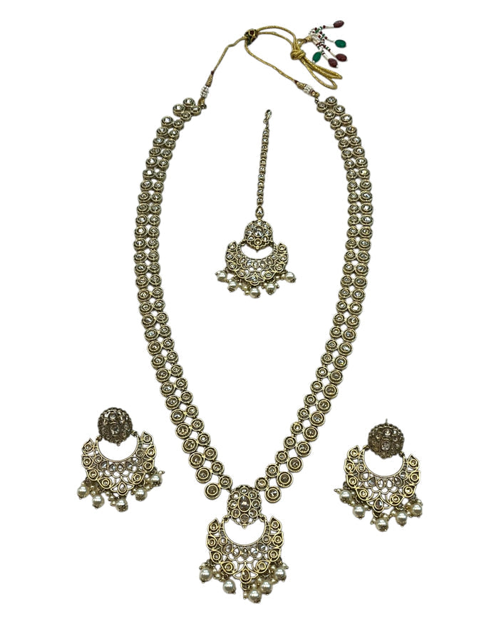Gold Stone - Large Size Antique Gold Finish Long Necklace Set with Earrings - AVON8022 KH 0525