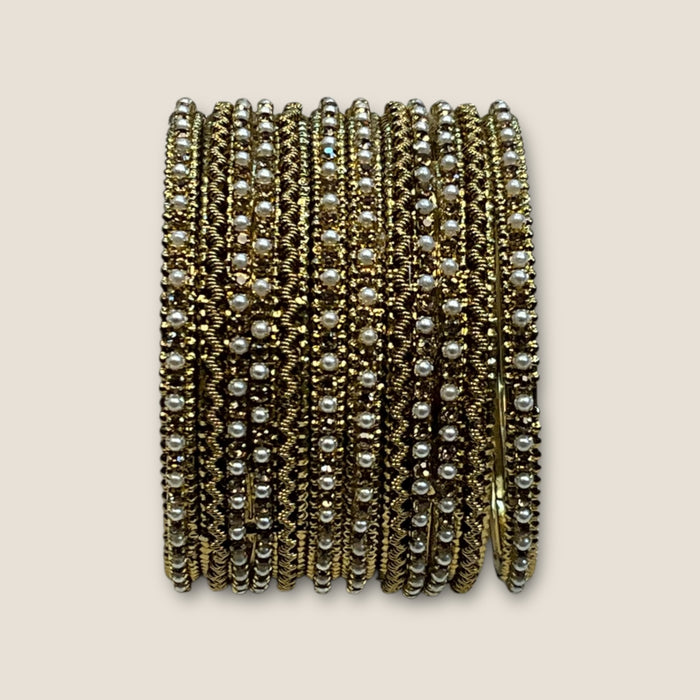 Gold Stone and Pearl - Antique Gold Finish Bangles Set (Set of 6) - UK stock - SM, M, L, XL JAN1853 09Vp25
