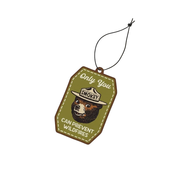 Forager Provisions LTD Smokey Bear hanging air freshener with cypress and fir scent featuring iconic wildfire message