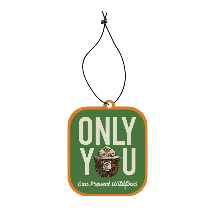 Forager Provisions LTD Smokey Bear hanging air freshener with green design and Only You Can Prevent Wildfires text