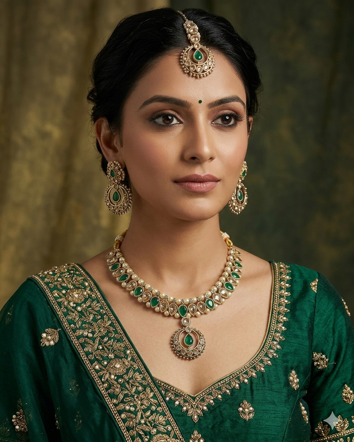 Green - Antique Gold Finish Necklace Set with Earrings - 6NS670 03A26