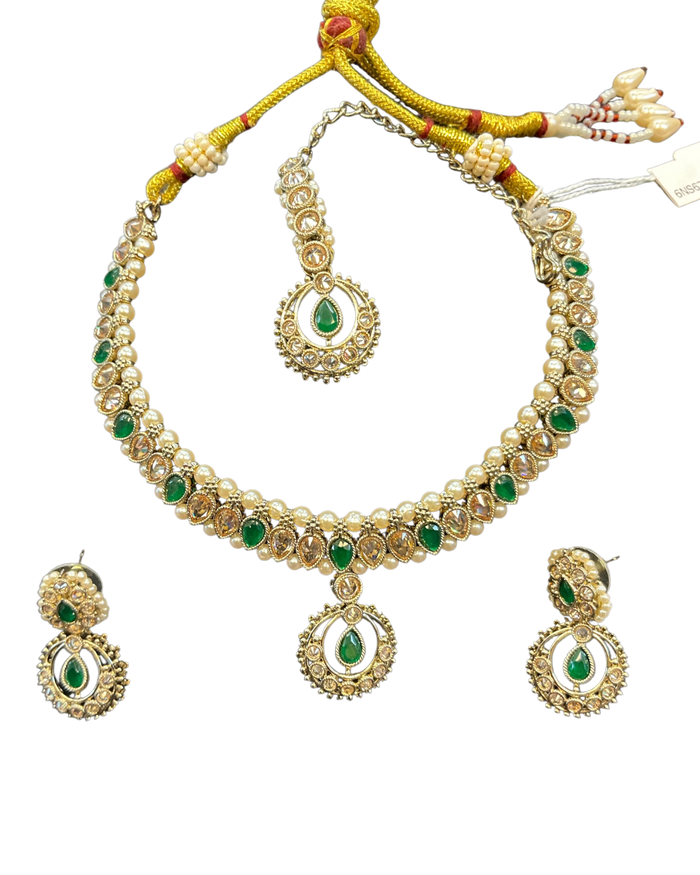 Green - Antique Gold Finish Necklace Set with Earrings - 6NS670 03A26