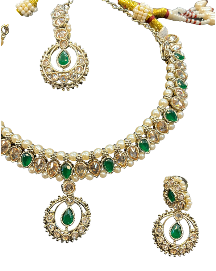 Green - Antique Gold Finish Necklace Set with Earrings - 6NS670 03A26
